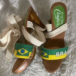 Rare Brand New Vintage Patricia Field for Candie’s Wood Ankle Wrap Heels Brazil